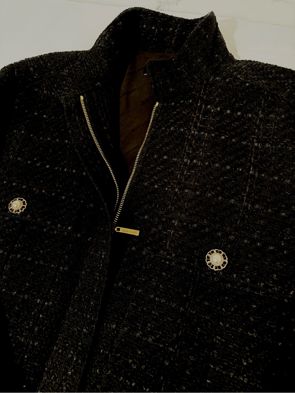 Marciano Guess Women’s Beautiful Black Tweed Zip Jacket with Gold-Tone Accents